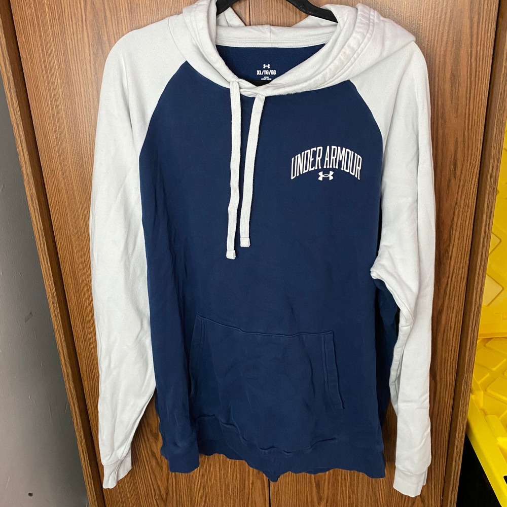 Under Armour Raglan Hoodie Mens XL Navy White Fleece Sweatshirt
